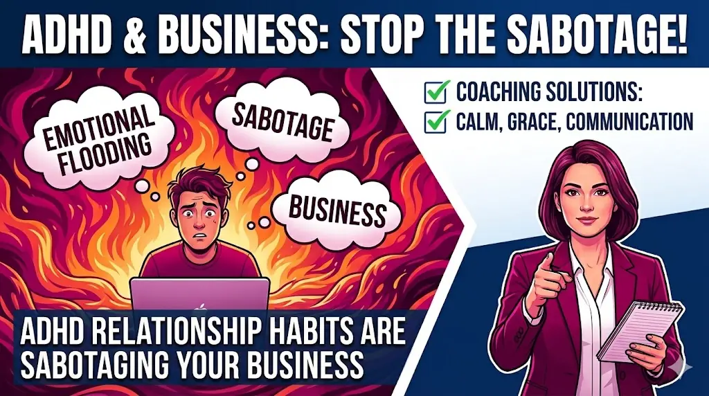 Image of adhd and buisness stop the sabotage a guy on the computer and a women pointing.