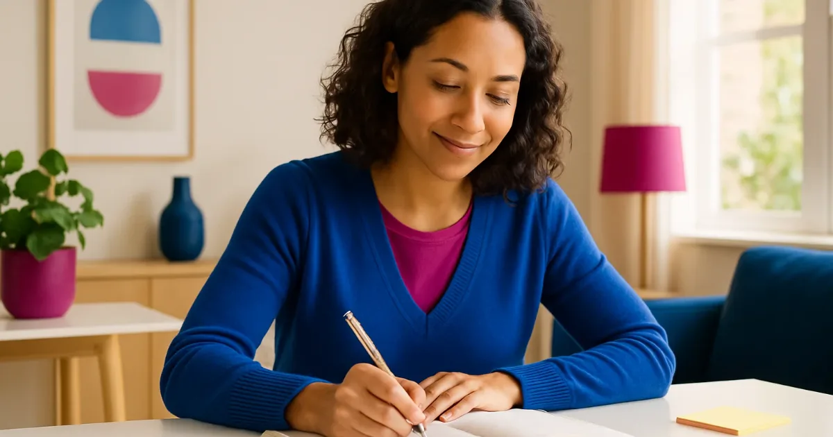Woman entrepreneur writing project tasks on paper at a desk, looking calm and organized