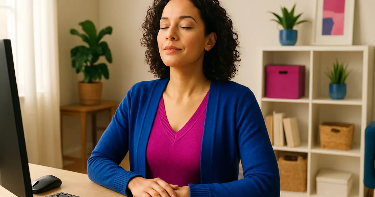 Woman calmly pausing with eyes closed in a bright home office